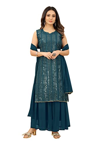 Image of DREAMANGEL FASHION Womens Georgette Embroidered Work Kurta and Sharara with Dupatta