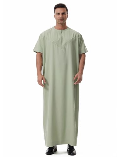 Green short-sleeve zip-front dishdasha with side pockets — the polyester build that resists suitcase creasing