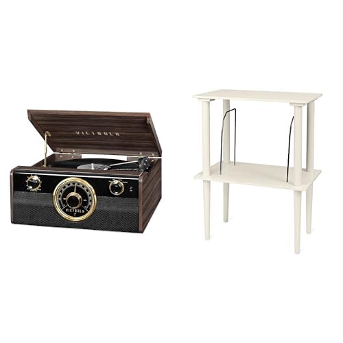 Victrola Metropolitan Mid Century 4-in-1 Bluetooth Record Player & Multimedia Center with Built-in Speakers - 3-Speed Turntable, Espresso & Victrola Record Stand Turntable White (VA-30-WHT)