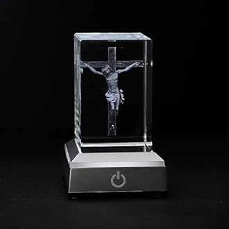 KOMI 3D Crystal Jesus Figurine Statue with LED Light Base, Laser Engraved Jesus Crucifix Statues Religious Gifts for Women Men, Night Light for Bedroom, Christian Catholic Home Decor