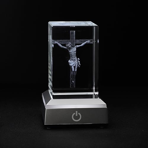 KOMI 3D Crystal Jesus Figurine Statue with LED Light Base, Laser Engraved Jesus Crucifix Statues Religious Gifts for Women Men, Night Light for Bedroom, Christian Catholic Home Decor