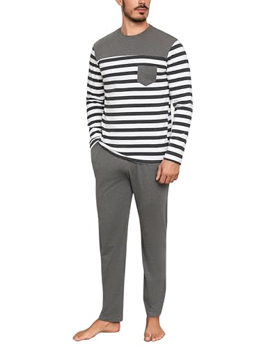 Aseniza Schlafanzug Herren Lang Pyjama Baumwolle Rundhal Gestreift Langarm Hausanzug Zweiteilige Schlafanzüge für Männer mit Elastischem Bund und...