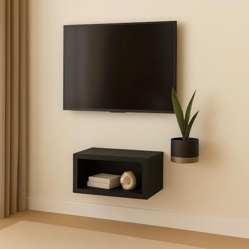 Image of Solid Wood Entertainment Floating Tv Unit for Living Room | Floating Media Tv Cabinet | Natural Finish Color and Size Off (Black, Small 40 CM)