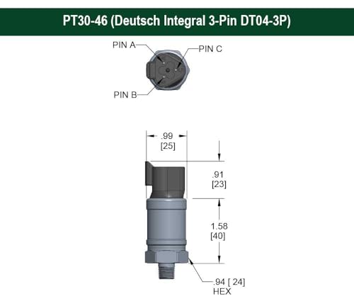 High Performance Fixed Range Pressure Transmitter, 0 to 1000 psi gauge, ±0.25% of Span, 0 Vdc to 5 Vdc, 3-wire, 7/16-20 male SAE - 4 (J1926-2), Deutsch 3 pin (DT04-3P)