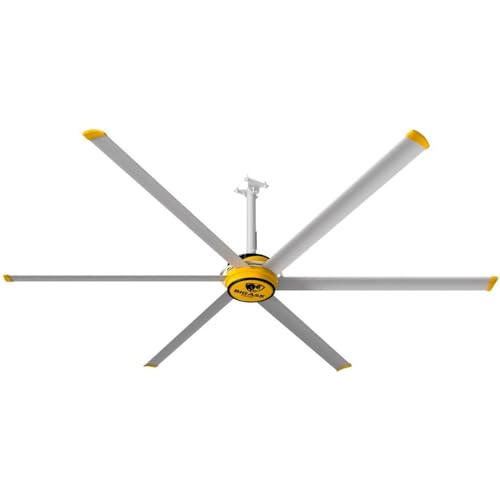 Image of Big Ass Fans E Series 10 ft Industrial 6 Blade Ceiling Fan Gearless Direct Drive Motor, High Volume Low Speed, Wired Wall Controller, 110-125V /1ph - Silver /Yellow
