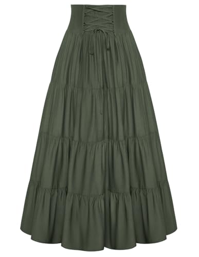 Mittelalter Rock Damen Gesmokt Hohe Taille Lang Lace-up Renaissance Rock Olivgrün XL