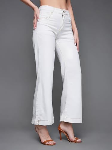 Image of Miss Chase Women's White Flared Mid Rise Clean Look Ankle Length Stretchable Denim Jeans