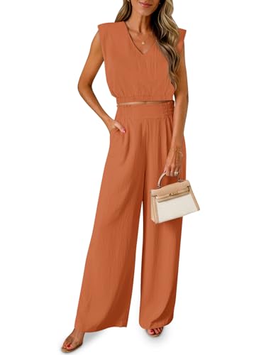 Fisoew Womens 2 Piece Outfits Summer Linen Lounge Sets Sleeveless v Neck Crop Top Wide Leg Pants Vacation Beach Set