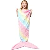 WERNNSAI Mermaid Tail Blanket for Kids – Glow in the Dark Flannel Throw Blanket, Soft Rainbow Scale Lap Blanket for Girls, Cozy Novelty Blankets 55 x 24 Inch, Christmas Birthday Gifts (Rainbow)