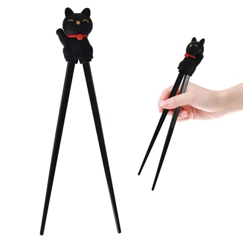 Bacchette dolci Lucky Cat,Bacchette per bambini, riutilizzabili e antiscivolo, personalizzate per ramen, stoviglie asiatiche (nero)