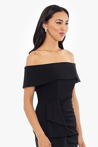 Image of Xscape Women's Off Shoulder Straight Neck Evening Gown with Foldover Cuff, Side Ruffle, Leg Slit, Fitted Formal Dress