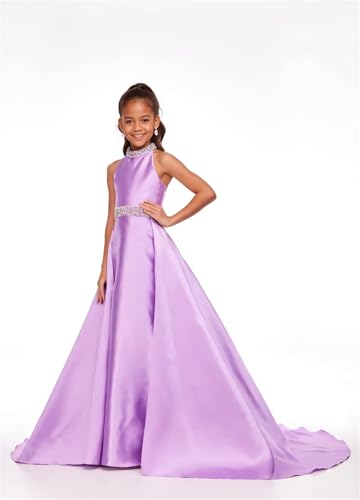 Halter Beaded Pageant Dresses for Girls Satin Ball Gown with Rhinestone Formal Prom Dress with Train Formal Dress4