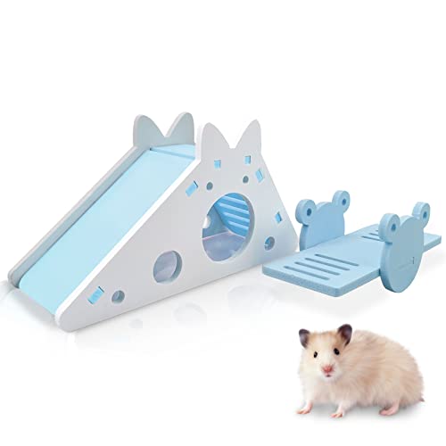 Andiker Hamster Toys 2 PCS, Hamster Slide Toy & Seesaw, Hamster Climb and Play Toy, Boredom Breaker Small Animal Activity Toy, DIY Hamster Cage Accessories (Blue)