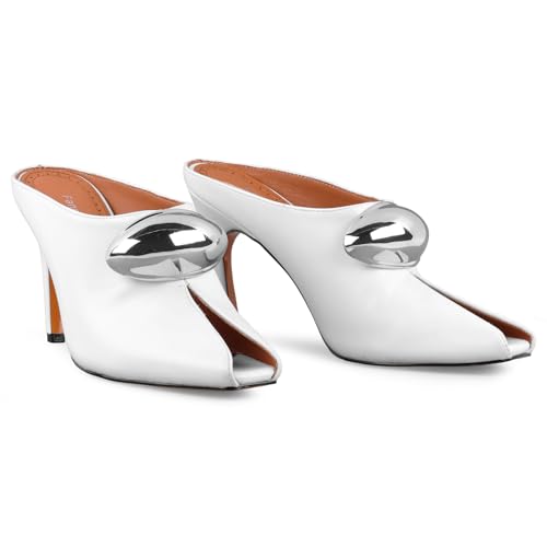 FancyQueen Peep Toe Mules for Women Stiletto Heels Mule Sandals Shoes Slip On Pointed Toe Open Toe Mules Comfortable for Office Parties Wedding4