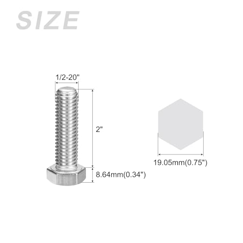 Image of METALLIXITY Hex Head Bolts (1 /2-20 x 2) 6Pcs, 304 Stainless Steel 18-8 Fully Threaded, External Hex Drive, Plain Finish, Hex Head Screw Bolt, Silver