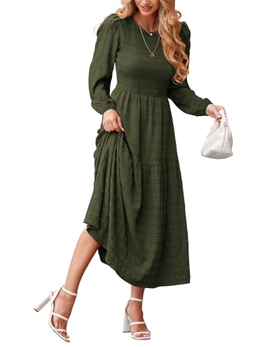 dowerme Women's Dresses 2025 Fall Puff Long Sleeve Crewneck Smocked Tiered Flowy A-Line Boho Wedding Party Maxi Dress