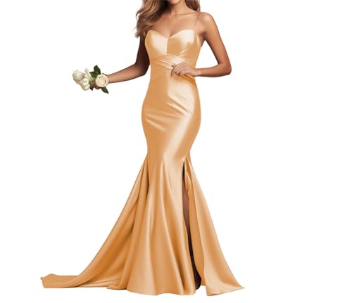 Robes de demoiselle d'honneur en satin pour femme avec train de balayage, robes de soirée saumon UK14