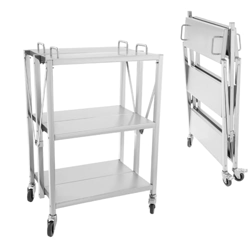 Mqwdxzfes Carro de cocina de acero inoxidable con ruedas, 3 niveles, plegable, con ruedas (2 frenos), carrito de mesa portátil, carrito de bar, carrito de vino, para cocina, gastronomía, bar, hotel