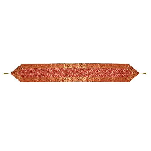 Image of E-EZRA Room Decor Banarasi Silk Handmade Flower V Shape Table Runner Dinning & Centre Table Long Runner Bed Runner Gold Tassels End Size 14 X 80 inches (Red)