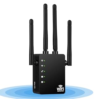 Répéteur WiFi Puissant, Amplificateur Bi-Bande WiFi AC1200Mbps, Extenseur sans Fil, Relay WiFi avec Quatre antennes à Gain élevé, Ethernet Port, WPS Fonction, Compatible avec Toutes Les Box Internet