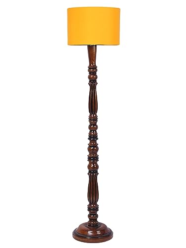 Image of Cotton Shade Floor Lamp with Wooden Base - Height 56 Inches, Yellow | Modern Standing Lamp for Living Room, Bedroom, Office | Stylish & Decorative Home Lighting | Elegant Decor