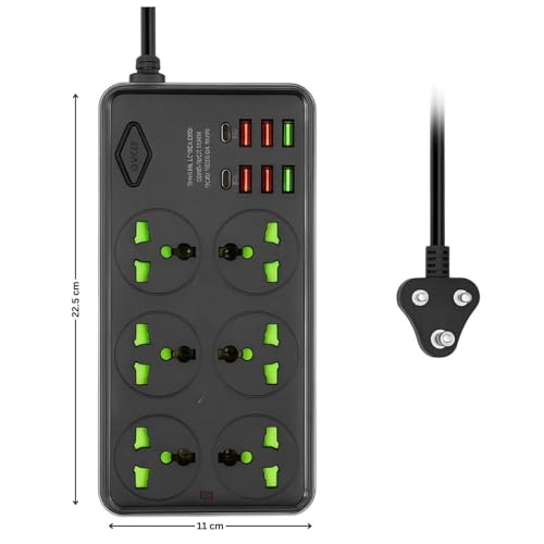 Image of Extension Board, Power Strip with 6 USB Ports and 6 Universal Socket, 2500W 10A Extension Cord, 3-Pin Surge Protector Power Strip for Home, Office, Computer, Mobile Charging (Z69-Black)