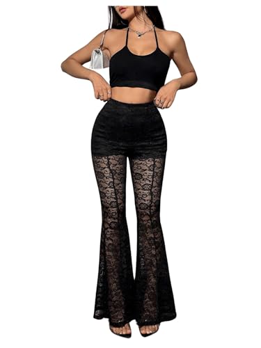 Floerns Women's Floral Lace Sheer Bell Bottom Pants Elastic High Waist Party Club Flare Trousers
