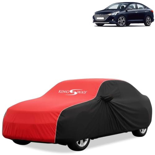 Image of KINGSWAY Super Waterproof Car Cover Only with Hyundai Verna (Year 2020 to 2023 - All Model) | Mirror and Antenna Pockets | All Weather Car Body Cover with Silver Piping | Black Red