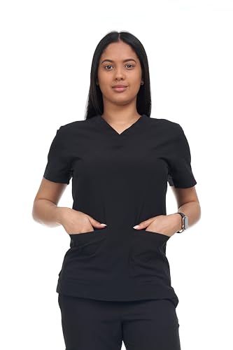 Nurse Scrub Tops for Women, Relaxed Fit, Lightweight Cotton Blend, Flexible Comfort, 4 Way Stretch (US, Alpha, Medium, Regular, Regular, 1, Black)
