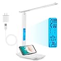 Rechargeable LED Desk Lamp with Clock, Desk Lamp for Home Office, Study Lamp for Reading, Eye-Caring, Battery Operated, 3 Lighting Modes, 5 Brightness Levels, White