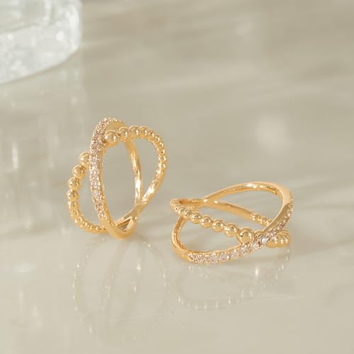 Bead Criss Cross Wedding Band for Women Cubic Zirconia Engagement Ring 14K Gold Plated Trendy Stackable Rings Eternity Band for Her Size 6-8