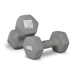 Bestfor Pair of 10kg Hex Anti Roll Non Slip Neoprene Dumbbell Weights For Exercise, Fitness, Workouts, Lifting with Exercise Chart Grey