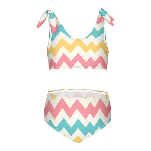 KLL Jamaican Color Zigzag Pattern Girls' Two Piece Bikini Sets Scoop Neck Swimsuit Swimming Suits Adjustable Strap
