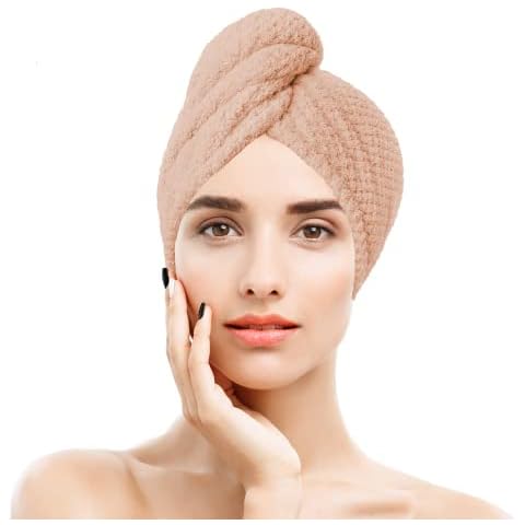 Microfiber Hair Towel Wrap, Super Absorbent Twist Turban Soft and Fast Dry Hair Caps with Buttons Bath Loop (Brown) Cover
