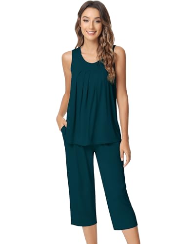 Image of NACHILA Pajamas for Women-Viscose Made from Bamboo, Sleeveless Pjs Tank Top Capri Pants Pajama Sets Cooling Sleepwear