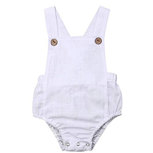Baby Boys Girls Cotton Linen Rompers Solid Color Sleeveless Straps Backless Bodysuit 3-6M White