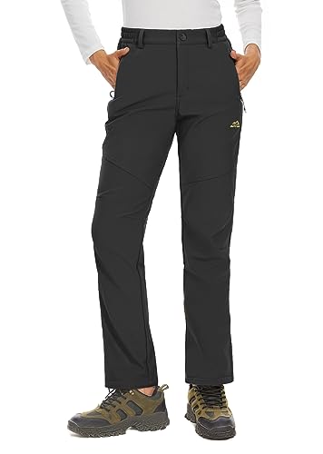 MAGCOMSEN Women's Fleece Lined Waterproof Insulated Snow Ski Pants Winter Warm Hiking Pants Outdoor Softshell Pure Black L