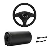 Gasedin Genuine Leather Steering Wheel Cover, Stitch On Wrap for Steering Wheel up to Diameter 15 Inches, DIY Sewing Steering Wheel Protector, Car Accessories (Black, Glossy)
