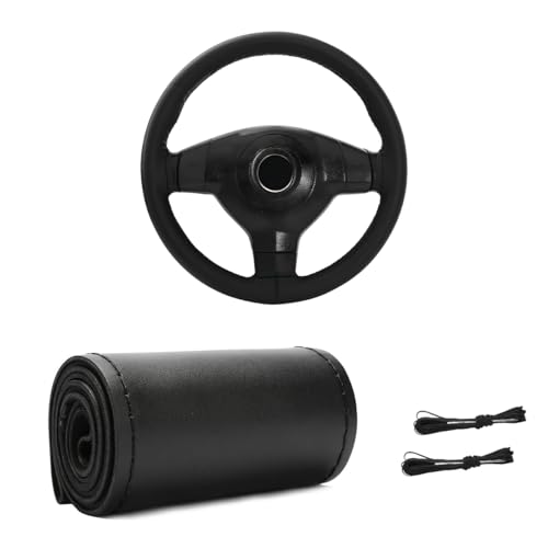 Gasedin Genuine Leather Steering Wheel Cover, Stitch On Wrap for Steering Wheel up to Diameter 15 Inches, DIY Sewing Steering Wheel Protector, Car Accessories (Black, Glossy)