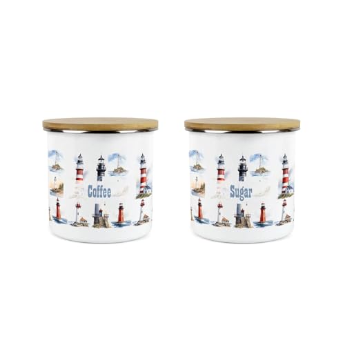 Purely Home Lighthouses Kitchen Storage Canister Set - Coastal Maritime White Coffee Sugar Metal Enamel Medium Sized Kitchen Food Hot Drinks Storage Container Set of 2