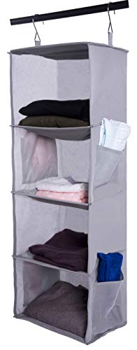 Amelitory Hanging Closet Organizer 4 Shelf Foldable Hanging Storage Shelves Fabric Gray