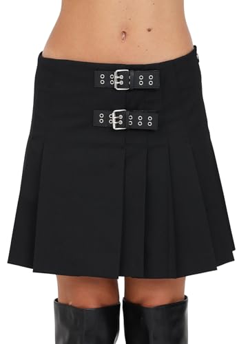 MO5CH1NO JEANS Minifalda plisada negra con hebillas para mujer, Negro , 44