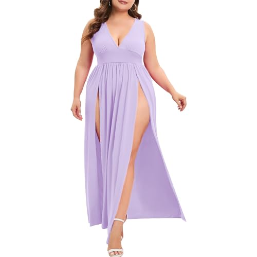 Image of SILUI Women's Summer 2026 Sexy Double High Slit Deep V Neck Plus Size Sundresses Thigh Split Maxi Club Party Dresses