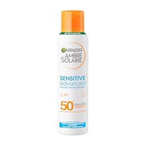 Garnier Ambre Solaire SPF 50+ Sensitive Advanced Dry Mist Sun Cream Spray, Water Resistant & Non Greasy Sunscreen, Fragrance Free, UVA & UVB Protection, Approved by Cruelty Free International, 150ml