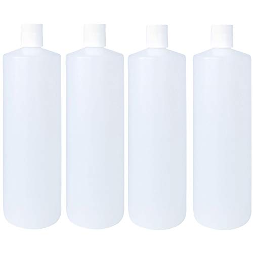 32oz 28/410 HDPE Plastic Cylinder Squeeze Bottles with Dispensing White Press Disc Top Caps, for Shampoo, Conditioner, Lotion, Any Liquid Products, Multi-Use Refillable Bottles (Pack of 4)