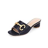 Coutgo Women's Slide Sandals Square Open Toe Slip on Comfortable Mules Block Low Heel Metal Chain Dressy Shoes, Navy, Size 7.5