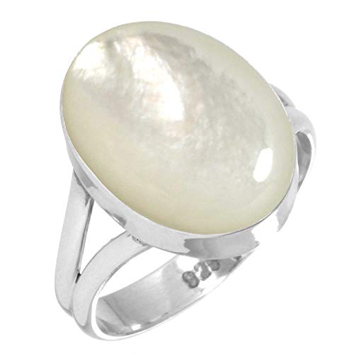 Jeweloporium Bague en argent sterling 925 avec nacre blanche, taille 49, pour femme, bijou fait main en véritable pierre ovale épaisse.