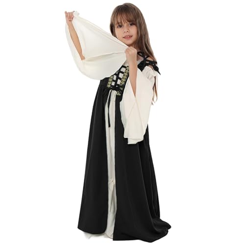 Girls Renaissance Dress Kids Medieval Princess Outfit Girls Square Collar Bundle Waist Long Sleeve Maxi Dress2