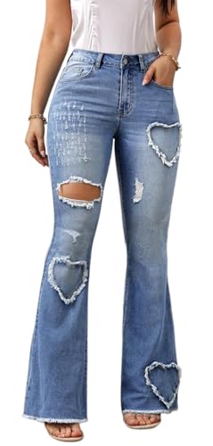 DvaeMalligo Flare Jeans for Women Heart Shape High Waisted Stretchy Frayed Raw Hem Ripped Bell Bottom Jeans Denim Pants Blue L