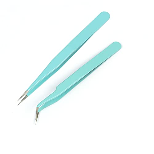 MAXLEAF 2pcs Stainless Tweezers Straight Curved Tweezers for Stickers Eyelash Extensions Precision Electronics Nail Rhinestone Jewelry, Scrapbooking Tools (Green)